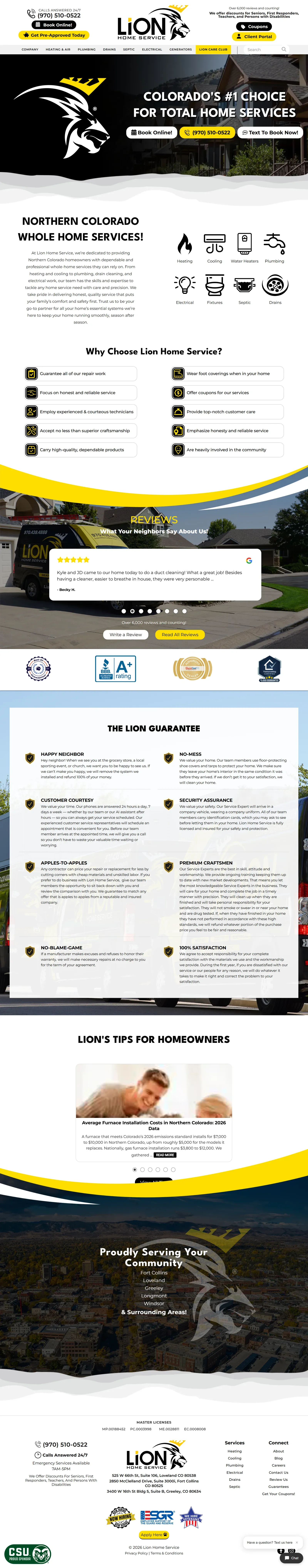 Full homepage of the Lion Home Service website