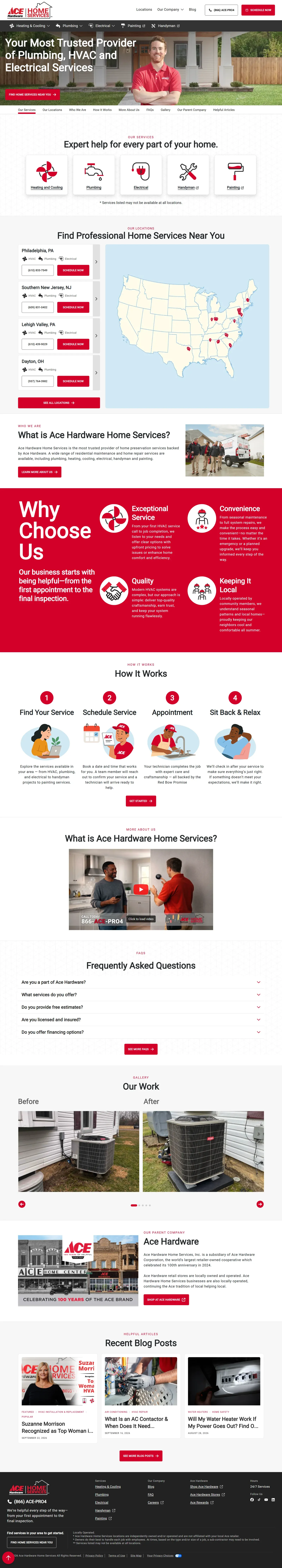 Full homepage of the Ace Hardware Home Services website