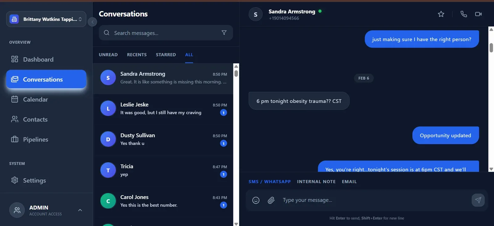 Conversations screen with message list and SMS thread
