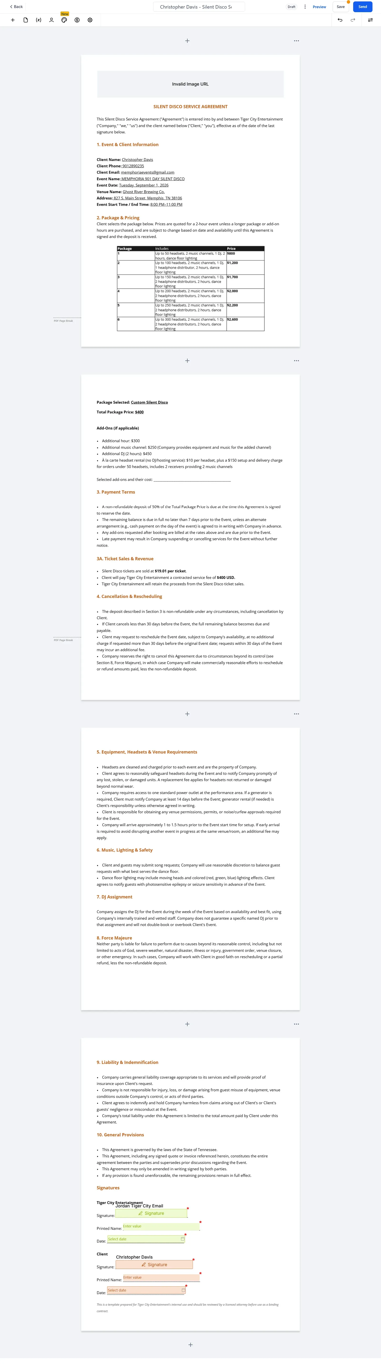 Full wedding service agreement document