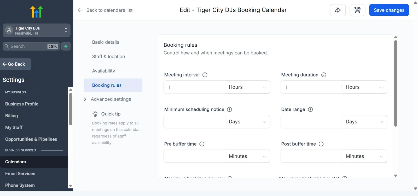 Booking calendar settings